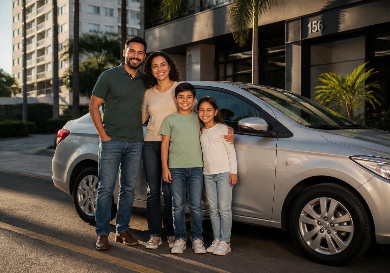 Família brasileira sorrindo ao lado de um carro compacto prata em frente a um condomínio