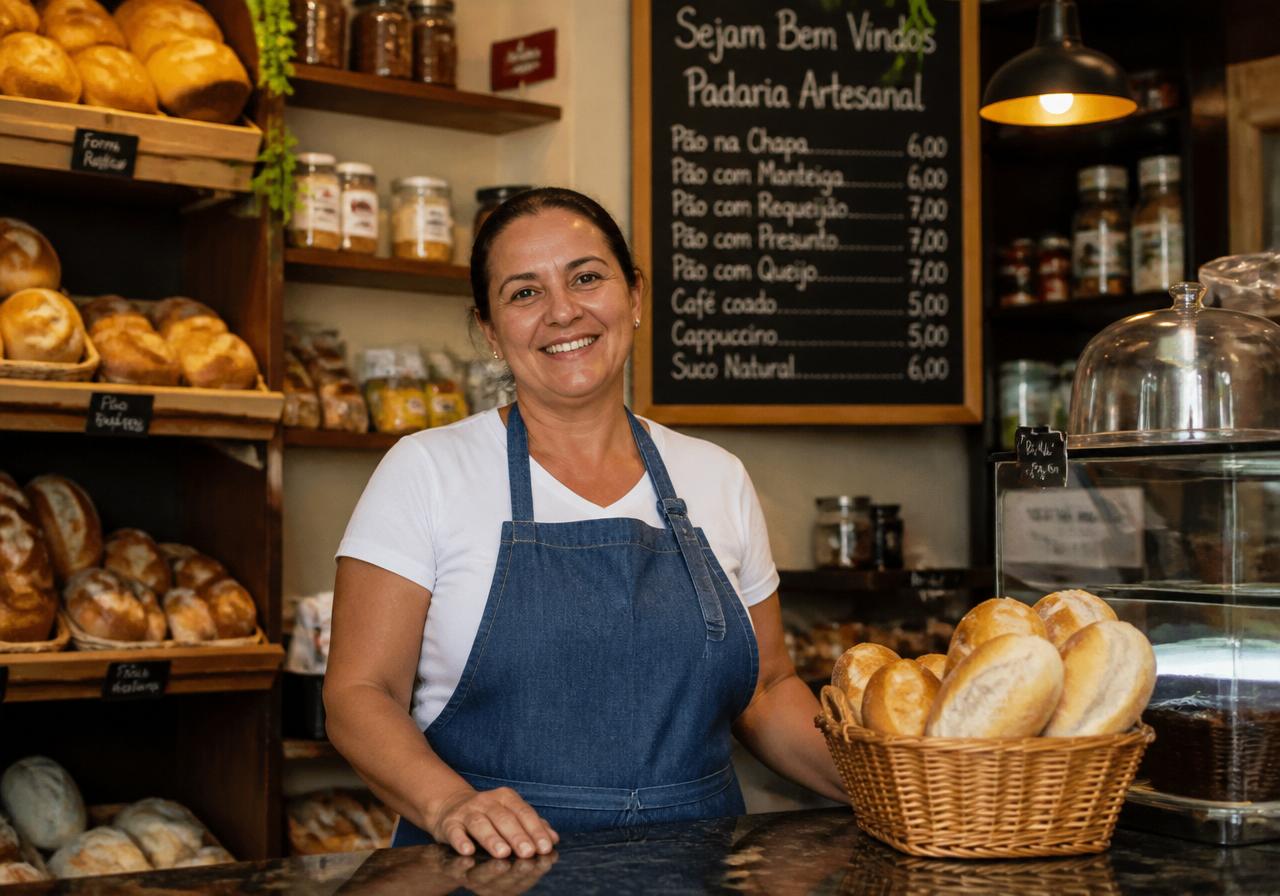 Empreendedora brasileira sorrindo em sua padaria artesanal