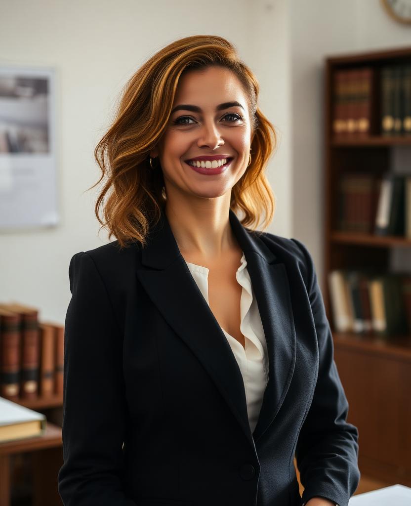 Advogada brasileira sorridente em escritório com estante de livros